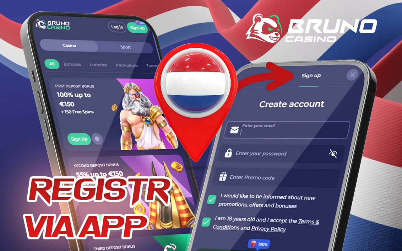 Registreer u via de mobiele applicatie Bruno Casino NL